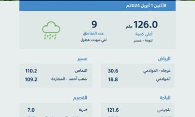 "البيئة": عسير تسجّل لليوم الثاني على التوالي أعلى معدلٍ لهطول الأمطار بالمملكة بـ (126) ملم في تنومة