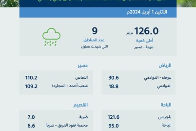 "البيئة": عسير تسجّل لليوم الثاني على التوالي أعلى معدلٍ لهطول الأمطار بالمملكة بـ (126) ملم في تنومة