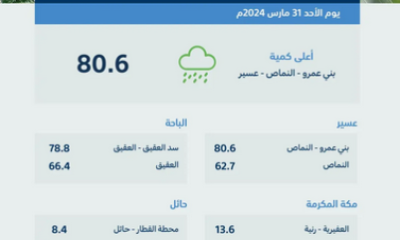 #البيئة : #عسير تسجّل أعلى كمية لهطول الأمطار بـ (80.6) ملم