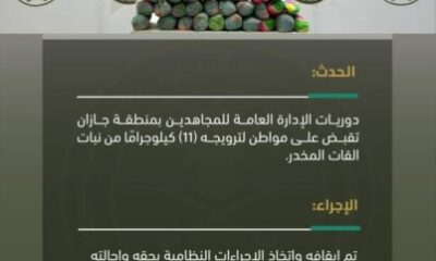 "دوريات المجاهدين" بجازان تقبض على مواطن لترويجه (11) كلجم من القات المخدر