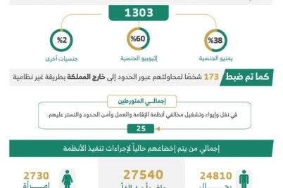 الداخلية: ضبط 19831 مخالفًا لأنظمة الإقامة والعمل وأمن الحدود خلال أسبوع